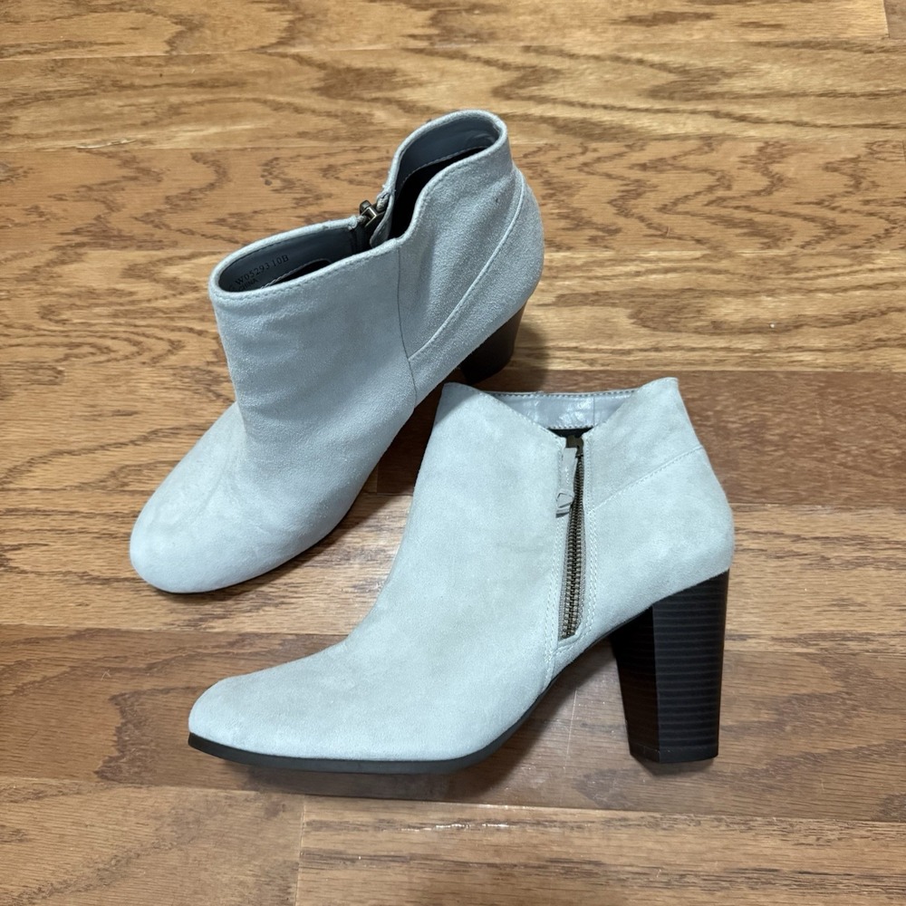 Cole Haan Gray Suede Davenport Booties Block Heel Side Zipper